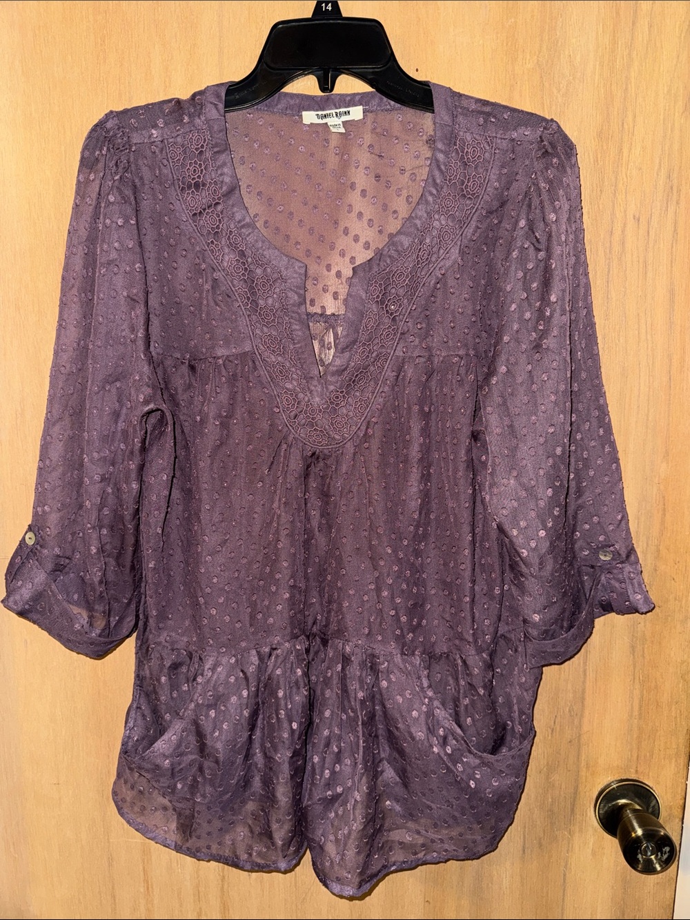 Daniel Rainn Boho Sheer Polka Dot V-neck Blouse Top Pockets Large